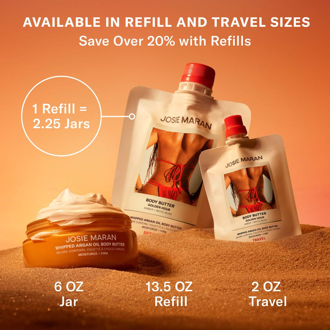 Josie Maran- Mini Golden Hour (Amber, White Musk) - Whipped Argan Oil Refillable Firming Body Butter *preorden*